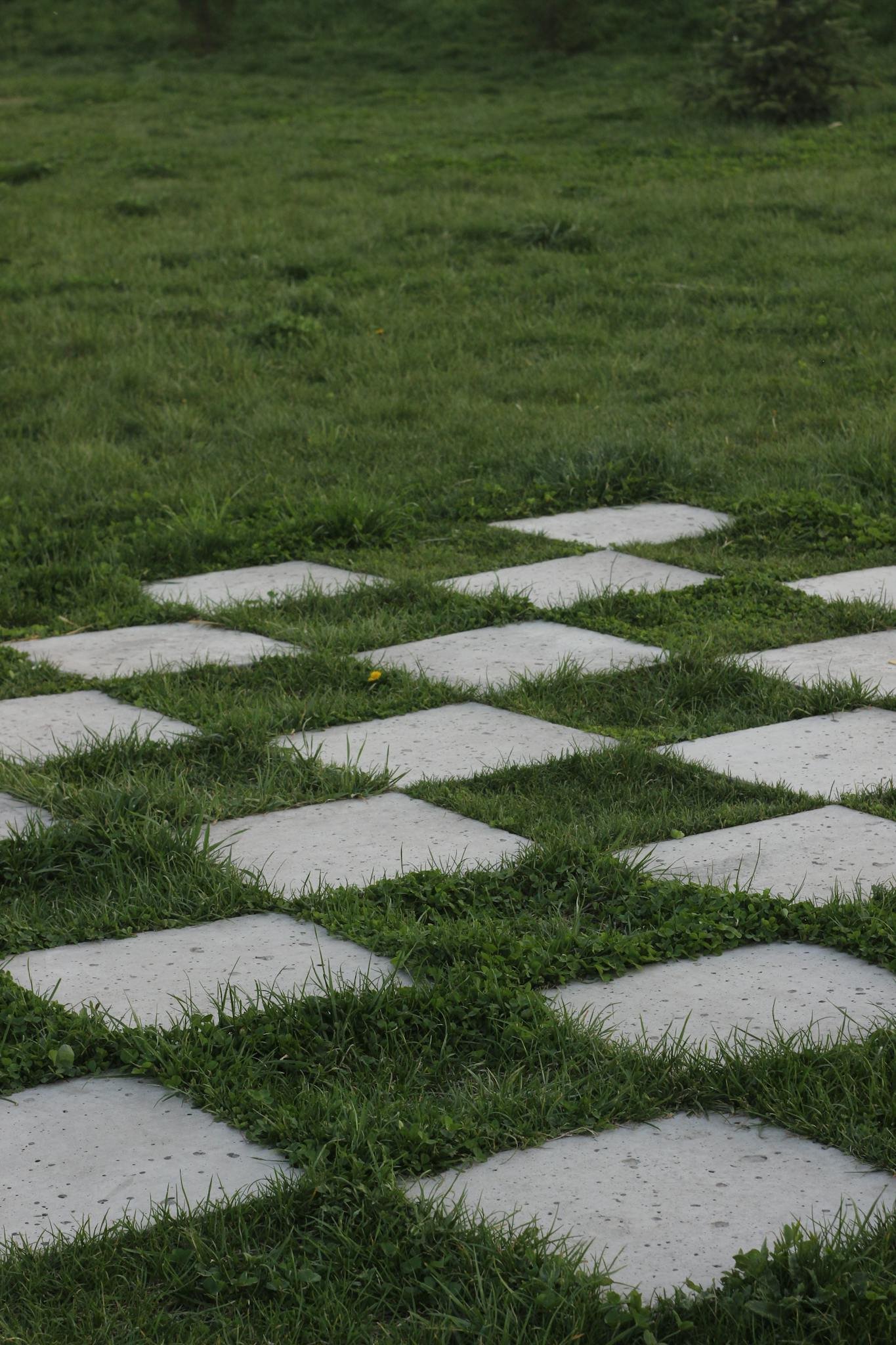 Never Run Out of Ideas: Top Tips for Generating Fresh Blog Topics A pattern of concrete squares arranged on lush green grass, creating a checkered design.